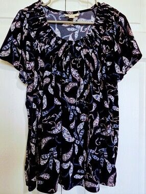 Style & Co. Navy and Light Pink Paisley Short Sleeve Blouse
